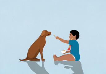 Baby boy feeding dog against blue background
