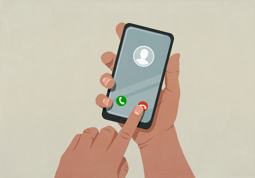 POV person looking down at smart phone screen and declining incoming phone call
