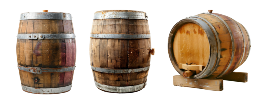Three old wooden wine barrels cutout design elements
