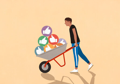 Man pushing wheelbarrow full of social media like symbols against yellow background
