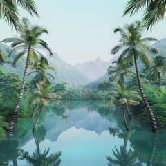 Majestic Tropical Oasis: Towering Palms and Serene Waters