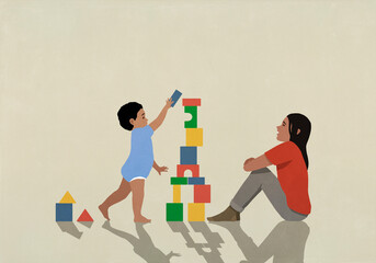 Mother watching baby son playing, stacking toy blocks
