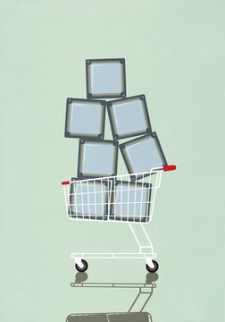 Computer chips stacked in shopping cart against green background
