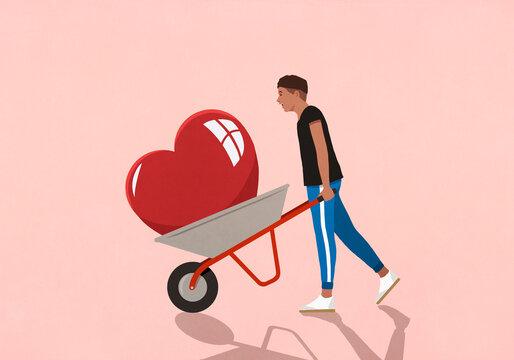 Happy man pushing large red heart in wheelbarrow on pink background
