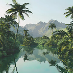 Majestic Tropical Oasis: Towering Palms and Serene Waters