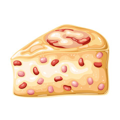 Piece of cheese pie with meat or ham, cartoon snack. Funny savoury egg pie slice of triangle shape with crust, homemade breakfast food mascot, side view of cartoon morning dish vector illustration