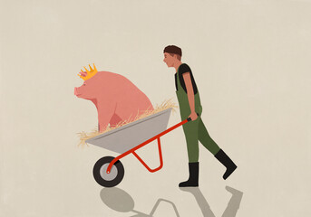 Farmer pushing large pig wearing crown in wheelbarrow
