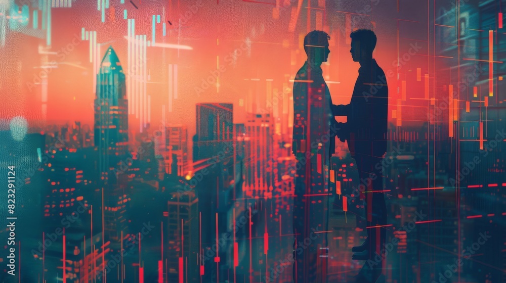 Wall mural Double exposure of financial chart on cityscape background with two businessmen handshake.