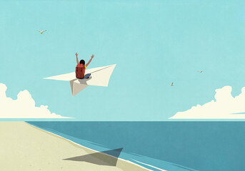 Carefree woman with backpack enjoying travel, riding paper airplane over sunny ocean beach
