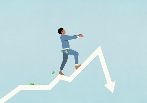 Money falling from pockets of man sleepwalking on dropping arrow
