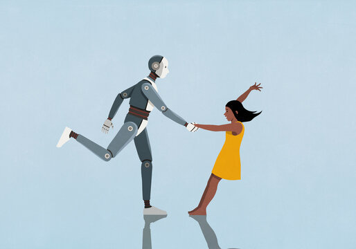 Robot and carefree girl dancing on blue background
