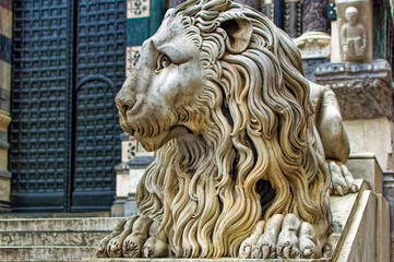 Lion sculpture in front of Genoa Cathedral or Metropolitan Cathedral of Saint Lawrence in Genoa, Italy.