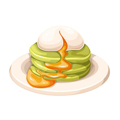 Poached egg and stack of savory zucchini pancakes, cartoon breakfast food. White round plate of with green pancakes pile and liquid runny yolk, cartoon gourmet morning fritters vector illustration