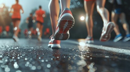 Dynamic energy of marathon runners' feet captured in vibrant natural lighting on a wet street