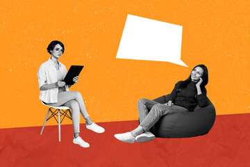 Trend artwork sketch image 3D photo collage of two lady teamwork together talk rest sit in beanbag...