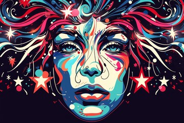 Colorful abstract illustration of a woman's face with vibrant patterns and star elements, blending artistic and cosmic themes.