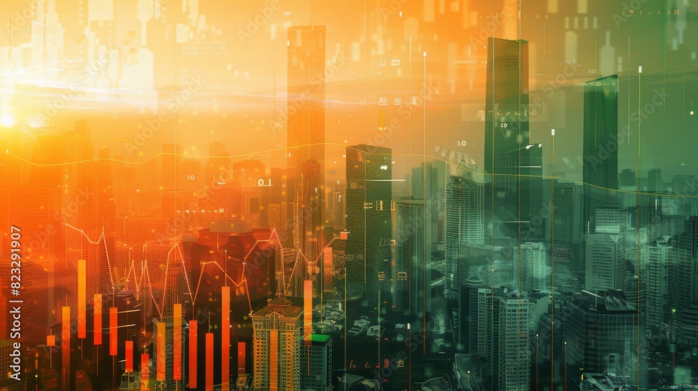 Poster economic crisis concept shown by declining graphs and digital indicators overlap modernistic city ba