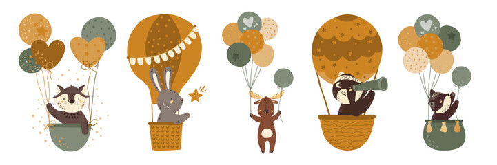 Vector illustration with forest animals on balloons . Wolf, hare, elk, badger, raccoon. Baby animals. Large set for clipart. Set of animals in cartoon style on a white background.