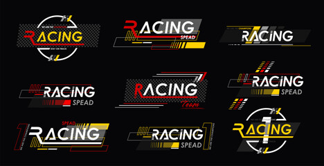 Naklejka premium Race sport car stripe stickers, checker decals. Motorsport championship or rally racing tournament vintage symbols. Car tuning stickers, speed racing stripes. Markings for transport.