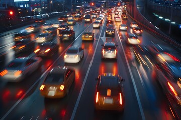Bustling City Highway During Rush Hour with Blurred Lights and Motion Capture