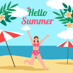 Hello summer template illustration. Summer holidays vacation banner. Happy family on picnic. Summer shopping event. Vector illustration EPS10 Vector illustration EPS10.