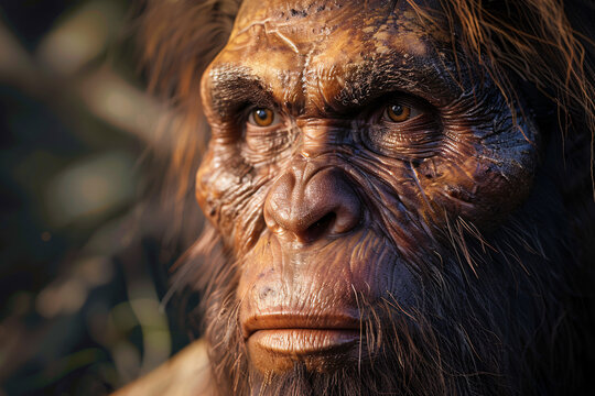 Close up of face of Neanderthal man, closest extinct human relative