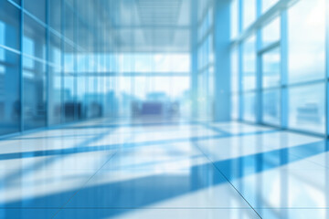 Modern Glass Building Interior with Sunlight. Spacious Bright Office with Large Windows