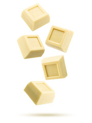White chocolate blocks falling on white background.