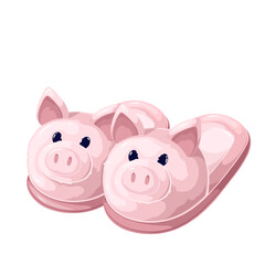 Pink furry slippers with cartoon pig faces. Funny pair of slippers with snout and eyes, ears on cute muzzle, cozy home footwear mascot, cartoon comfortable shoes with animal head vector illustration