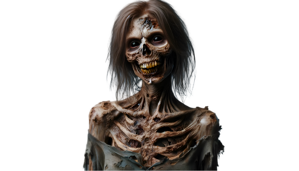 Portrait of a Female Zombie with White Eyes on Transparent Background