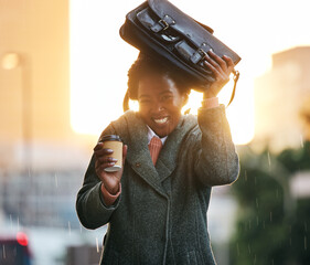 Portrait, rain and African businesswoman with bag, smile and cover with coffee in city with travel...