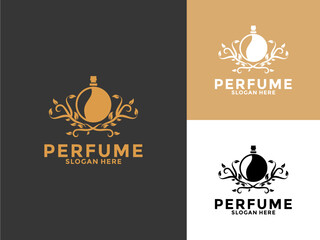 Golden Nature Perfume Bottle logo design, Organic Perfume logo vector template