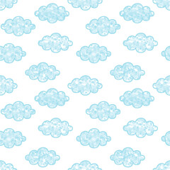 Blue fluffy cloud on sky. Cloudy sky cartoon wallpaper. Cute clouds on white background. Watercolor seamless pattern vector. Minimal design for fabric, textile, clothing, cover, paper, texture, dress.