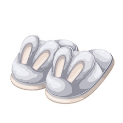 Gray fluffy slippers with cartoon bunny ears. Funny slippers of Easter rabbit head with soft fur, pajama party accessory mascot, cartoon pair of cute furry warm house shoes vector illustration