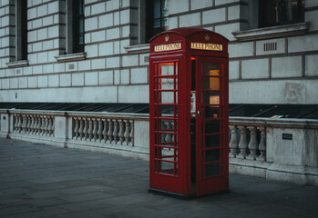 Red telephone booth on a city sidewalk near a building, London, UK