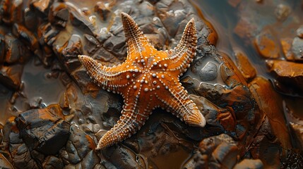 Intricate Textures and Vibrant Patterns of a Captivating Starfish Clinging to a Rocky Coastal Habitat