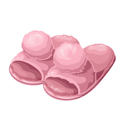 Pink soft slippers with pompom, cartoon fuzzy cozy footwear. Funny comfortable pair of female warm shoes with fur ball, pajama party accessory mascot, cartoon slippers of girl vector illustration
