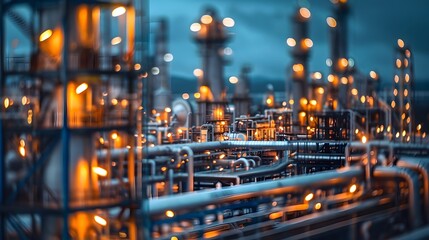 Obraz premium close up of industrial illuminated pipes at night at oil refinery 