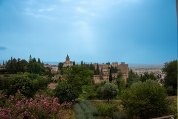 Fototapeta premium views of the alhambra from the green gardens of the generalife with a clear blue sky
