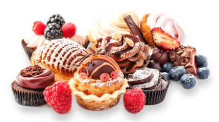 An assortment of various desserts on an isolated background, including eclairs, cupcakes, and pastries, decorated with fresh berries, chocolate, and cream. A variety of sweets on a white background.