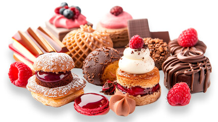 An assortment of exquisite desserts, including éclairs, macarons, tartlets, and chocolate candies, decorated with fresh berries and cream, on a isolated background. PNG
