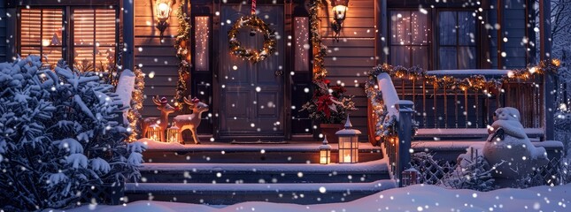 Cozy outdoor scene featuring a snow-covered porch adorned with twinkling lights illuminated reindeer figures and a glowing lantern magical winter wonderland perfect 