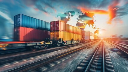 Fototapeta premium Global business of Container Cargo freight train for Business logistics concept, Air cargo trucking, Rail transportation and maritime shipping,