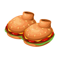 Funny soft slippers for kids in cartoon burger shape. Comic cute fast food on cozy home footwear, comfortable accessory mascot, cartoon fluffy slippers with round buns and meat vector illustration