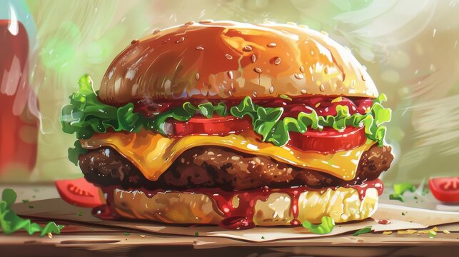 Vibrant Painting of Cheeseburger With Ketchup and Lettuce