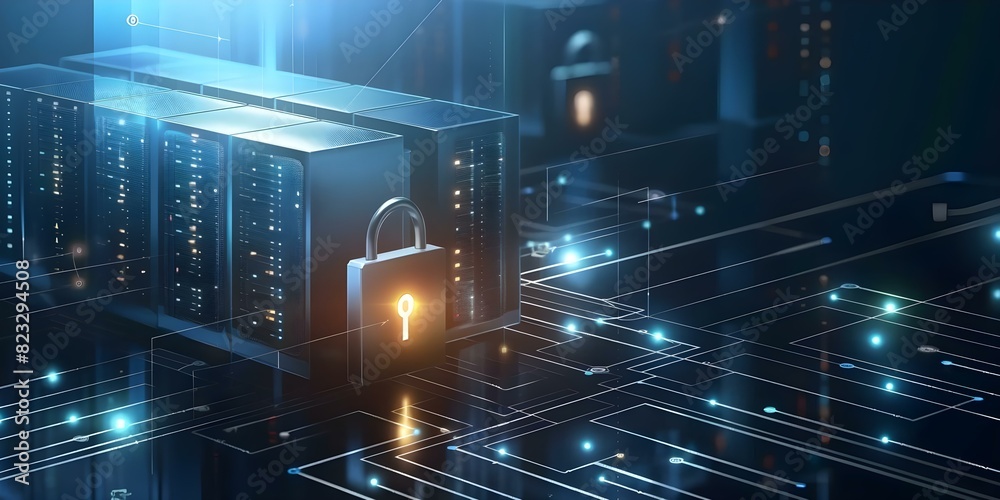 Poster isometric computer lock symbolizing web banners and online servers for data security. concept data s