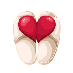 White furry slippers with cartoon half of red heart. Funny romantic decoration from connected parts of heart, gift for Valentines Day and home accessory mascot, cartoon slippers vector illustration