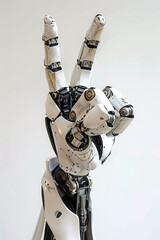 Robot hand signing the peace sign symbolic gesture.