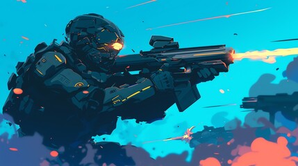 Futuristic Soldier in Action. Amazing anime illustration suitable for desktop wallpaper. 