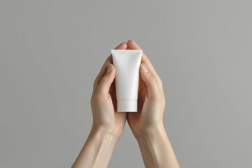 Woman hands holding small white tube of hand cream mockup on gray background Cosmetic and medicine bottle mock up Minimalist packaging design Beauty and skin care concept 
